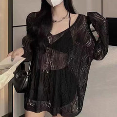 Knitted Hollow Out Shirt Women White Loose Lace Up Long Sleeve T Shirt Korean Fashion Chic Y2K Preppy Style Thin Tops New