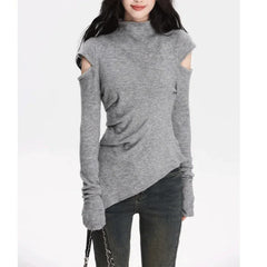 Personality Hollow Out Design Base Sweaters Harajuku Japan Y2k Aesthetic Half High Collar Tops Korean Asymmetrical Clothes