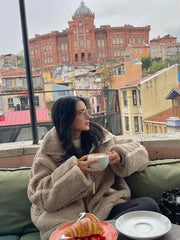 Grey Wool Fleece Stand Collar Women's Coat Lambswool Zipper Up Long Sleeve Loose Jackets Autumn Winter Chic Casual Outwears