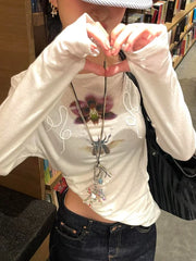 Y2k Printed Off Shoulder T-shirt Sweet Transparent White Long Sleeve T-Shirts Korean Fashion Casual Loose Tops Slim Up
