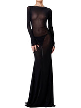 Pbong Women See Through Mesh Long Dress Long Sleeve Tie-Up Backless Bodycon Dress Evening Party Sexy Dress Beach Cover-ups