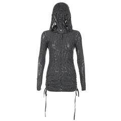 Vintage Drawstring Hooded Backless Transparent Dress