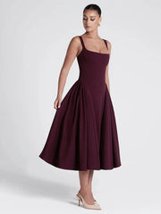 Women's Elegant Solid High Waist Pleated Long Dress Fashion Square Neck Sleeveless A-line Dresses Vocation Beach Streetwear