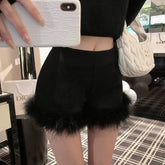 Pbong Fall Hot Sale Of The Season New Black Feathers High Waist Slim A- Line Shorts Women's Base Layer Boot Pants Low Waist Design Sen