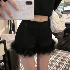 Pbong Fall Hot Sale Of The Season New Black Feathers High Waist Slim A- Line Shorts Women's Base Layer Boot Pants Low Waist Design Sen