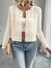 Spring and Autumn Women's Elegant Solid Color Round Neck Hollow Button Front Cardigan Sweater