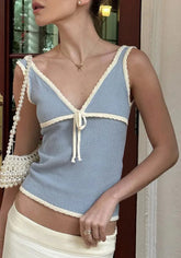 Knitted Deep V-neck Bow Women Crop Top Blue Patchwork Spaghetti Strap Tank Top Female Spring Slim Casual Streetwear