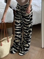 Zebra Stripe Knitted Straight Pants Women Drawstring Elastic Waist Casual Loose Baggy Trousers Boho Vacation Outfits