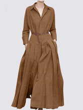Spring Summer Women's Long Skirt Fashion Long Sleeve Lapel Pleated Dress Office Lady Solid Color Dress for Women Robe
