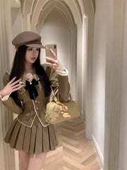 Women Two-piece College Style Short Stylish Suit Jacket with High Waist Slimming Pleated Skirt Age Reducing Set/single Piece
