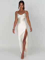 Stretch Satin Backless Maxi Dress For Women Robe Summer Spaghetti Strap Sleeveless Backless High Split Sexy Long Dress