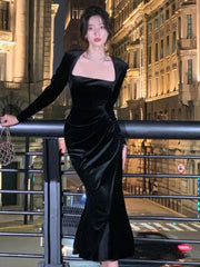 High Quality Spring New Women Elegant Long Black Velvet Dress Sexy Prom Evening Party Birthday Club Fashion One Piece Clothing