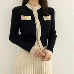 Pbong Chic Korean round Neck Single Button Slim Fit Knit Sweater + High Waist Pleated Mini Skirt Women's Fashion Winter Outfit
