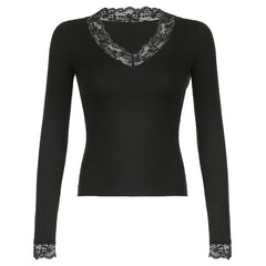 Lace Patchwork Solid Slim Tee Shirts Long Sleeves V-neck Aesthetic Fashion Clothes Vintage Streetwear Black Tops