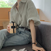 Elegant and Youth Woman Blouses Women's Clothing Spring Green Vertical Stripe Shirt Short Sleeve Chiffon Blouse Woman