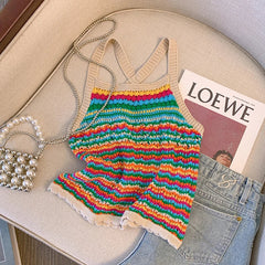 Bohemian Striped Knitted Camisole Vest For Women's summer Contrasting Spaghetti Strap Short Top Seaside Vacation T-shirt
