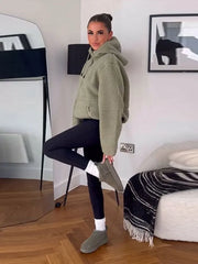 Faux Fur Fleece Hooded Zipper Women Thick Coat Drawstring Full Sleeve Pocket Loose Jacket Autumn Winter Chic Casual Outwear