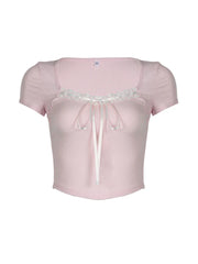 Balletcore Sweet Y2K Tie Lace Trim Square Collar Pink T-Shirt Women Short Sleeve 2000s Cute Kawaii Clothes