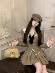 Women Two-piece College Style Short Stylish Suit Jacket with High Waist Slimming Pleated Skirt Age Reducing Set/single Piece