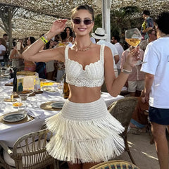 Tassel Hollow Out Bras And Slim Short Skirt Sets 2025 New Summer Crochet Vacation Sets Tank Top Casual Beach Female Outfits