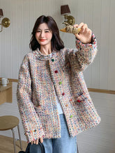 Retro Sweet Colors Tweed Jacket Women Long Sleeve Loose O Neck Elegant Coat Fall Winter Vintage French High Quality Tops