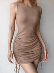 Ribbed Knitted Khaki Backless Side Slim Dress