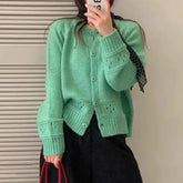 Pointelle Cardigan Women Long Sleeve Crew Neck Button Down Knit Sweater Jacket Autumn Winter French Chic Outfit