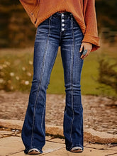 Women's multi-button flared jeans. Vintage style, dark color, slim fit, mid-rise, elastic, casual denim flared pants.