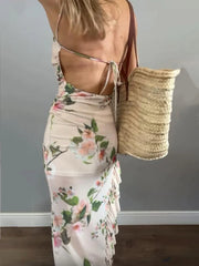 Backless Sexy Fashion Long Dress Floral Print Casual Women Long Dress 2025 New Vacation Beach Summer Slip Dresses Vestidos