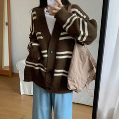 Women Cardigan Sweater Striped V-neck Button-up Sweater Jacket Comfy Cozy Slouchy Cardi Autumn Winter Casual Outfit