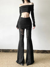 New large size fashion women's sexy hot girl low waist tie hollowed wrinkles broken holes leisure flared pants pants pants