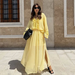 Fashion V-neck Long Sleeve Shirt And Long Skirt Women Set Yellow Ruffle Chic Top + Slit Skirt Vacation Beach Summer 2 Piece Set