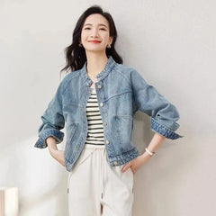 New 2025 Spring Autumn Temperament Retro Women's Short Cowboy Jacket Stand-up Collar Long-sleeved Ladies Denim Overcoat