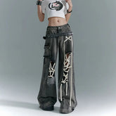 Fashion American Vinateg Hole Cross Lace Up Design Denim Pants Y2ka Esthetic High Street Baggy Wide Leg Trousers Punk Bottoms