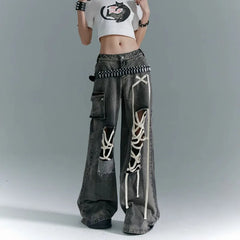 Fashion American Vinateg Hole Cross Lace Up Design Denim Pants Y2ka Esthetic High Street Baggy Wide Leg Trousers Punk Bottoms
