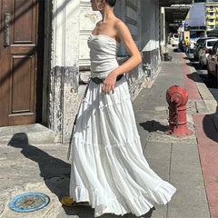 Y2k White Tiered Maxi Skirt Elastic Waist Ruffle Flowy Long Skirt Women Boho Summer Vacation Fairycore Outfit Streetwear