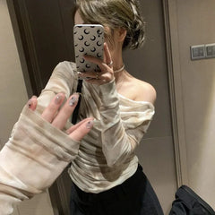 Harajuku Vintage Tie Dye Tee Shirt Summer Sexy Off Shoulder Ruched T-shirt Mujer Y2k Kpop Slim Fit Mesh Irregular Tops Women