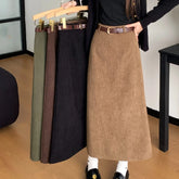 Pbong High Waist Slimming Retro Corduroy Midi Skirt Hip Concealing Straight Leg A- Line Wrap around Skirt for Women Solid Color