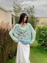 Gradient Fall 2025 Fashion Woman Oversize Graphic T Shirts Long Sleeve Top Cowls Blue Tee Autumn Streetwear Clothing