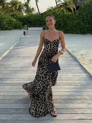 Fashion Women Leopard Print Sleeveless Sling Maxi Dress Sexy Backless Slim Pleated Long Vestdios Chic Beach Vacation Robes