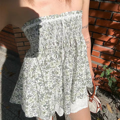 Y2k Elastic Bust Strapless Flowy Camisole Floral Graphic Print Tube Tops Fairycore Sweet Cute Off Shoulder Backless BabydollVest