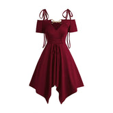 2025 Women's Cold Shoulder Dresses Lace Up Asymmetric Dress Tie Knot Shoulder Chain Solid Color Short Sleeve Dress