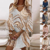 Pbong mid size graduation outfit romantic style teen swag clean girl ideas 90s latina aesthetic Women Fashion A-Line Dress Vintage Marble Print Flare Sleeve V-Neck Loose Mini Dress Female Summer Elegant Beach Dress Vestidos