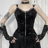 Black Rose Print Lace-up Camis Tops Vintage Sexy Elegant Backless Zipper Lace Trim Sleeveless Tank Tops Women Fashion