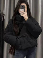 Women Fall Winter Jacket Bow Outwear Vacation Attire Black Casual Stand Collar Puffer Bow Jacket Solid Christmas Business Coat
