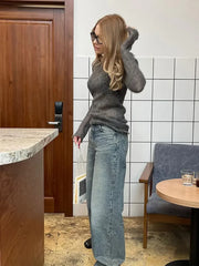 Fashion Solid Round Neck Thin Knitted Sweater Elegant Long Sleeve Bodycon Pullover 2024 New Autumn Lady Commuting Street Outwear
