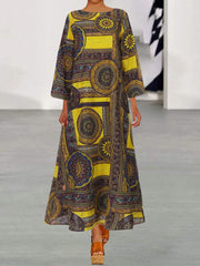 Women Summer Dress Bohemian Printed O-neck Vestidos Kaftan Robe Longue 3/4 Sleeves Casual Loose Party Maxi Dresses