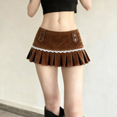 Pbong Lace Splicing Corduroy Pleated Short Skirt Women's Low Waist Slim Fit Brown Casual Mini Skirt