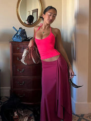 Vacation Solid Two-Piece Set Women Lace-Up Halter Backless Low-Neck Tops+Tassel Skirts Summer Simple Slim Matching Suits