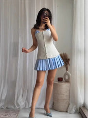 2025 New Vintage Stripe Patchwork Short Dress Fashion Pleated Slip Dress A-line Chic Single Breasted Summer Dress Vestidos